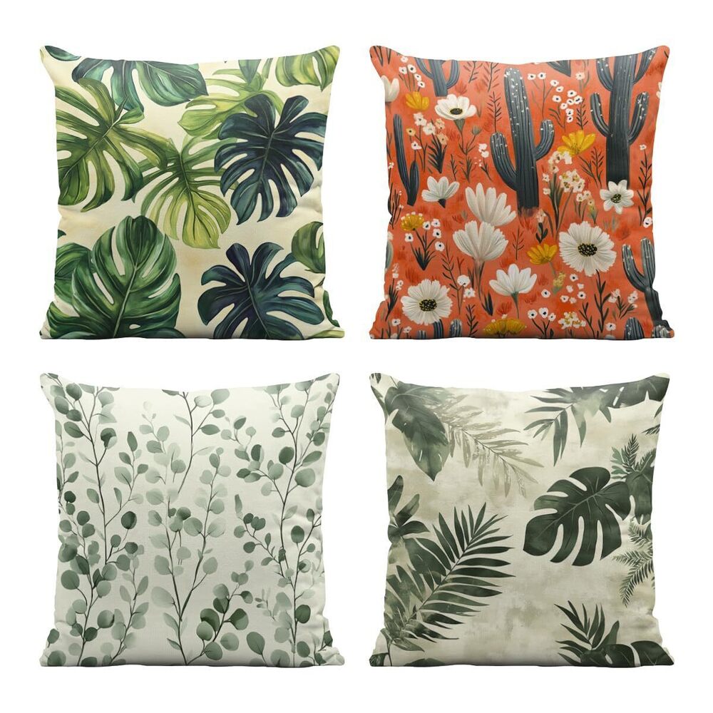 4202 Boho Botanical Pillow Covers 18x18 Inch Set of 4, Plant Palm Leave